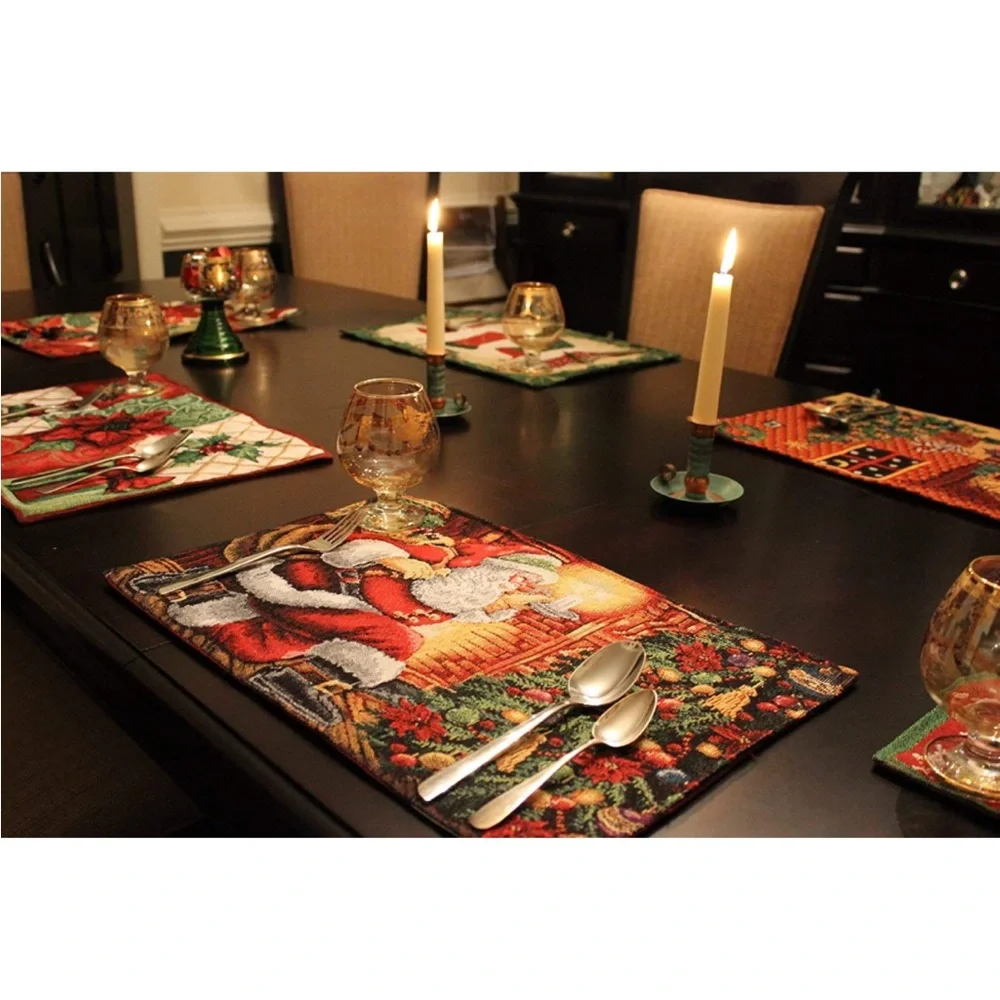 NWOT Christmas Holiday Santa Down The Chimney Woven Tapestry Placemats Set of 4